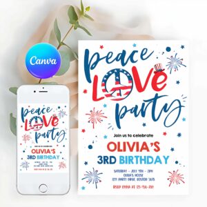 4th Of July Invitation, Peace Love Party, 4th Of July Birthday, Memorial Day Independence Day Party Invitation