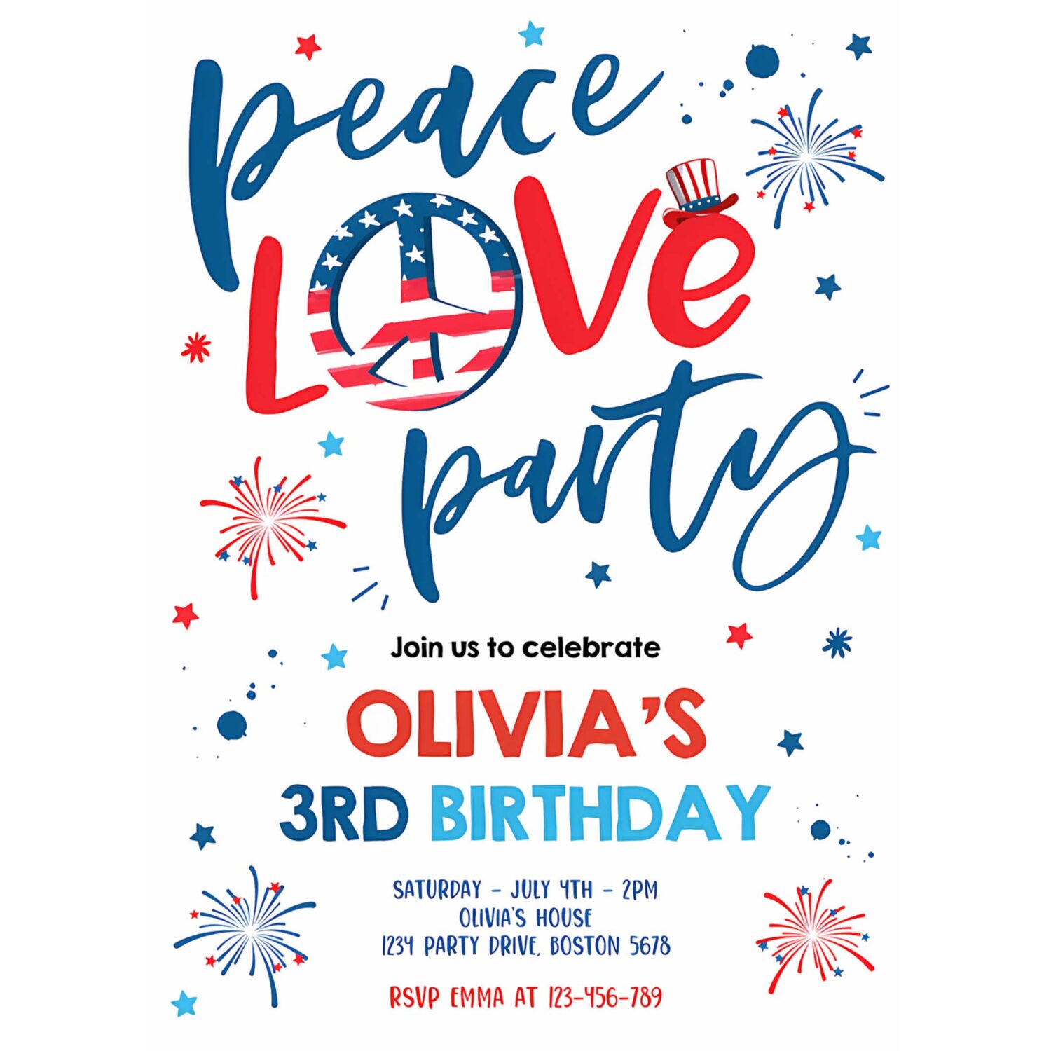 Editable 4th of july birthday party invitation peace love party 4th of july birthday memorial day independence day party 4