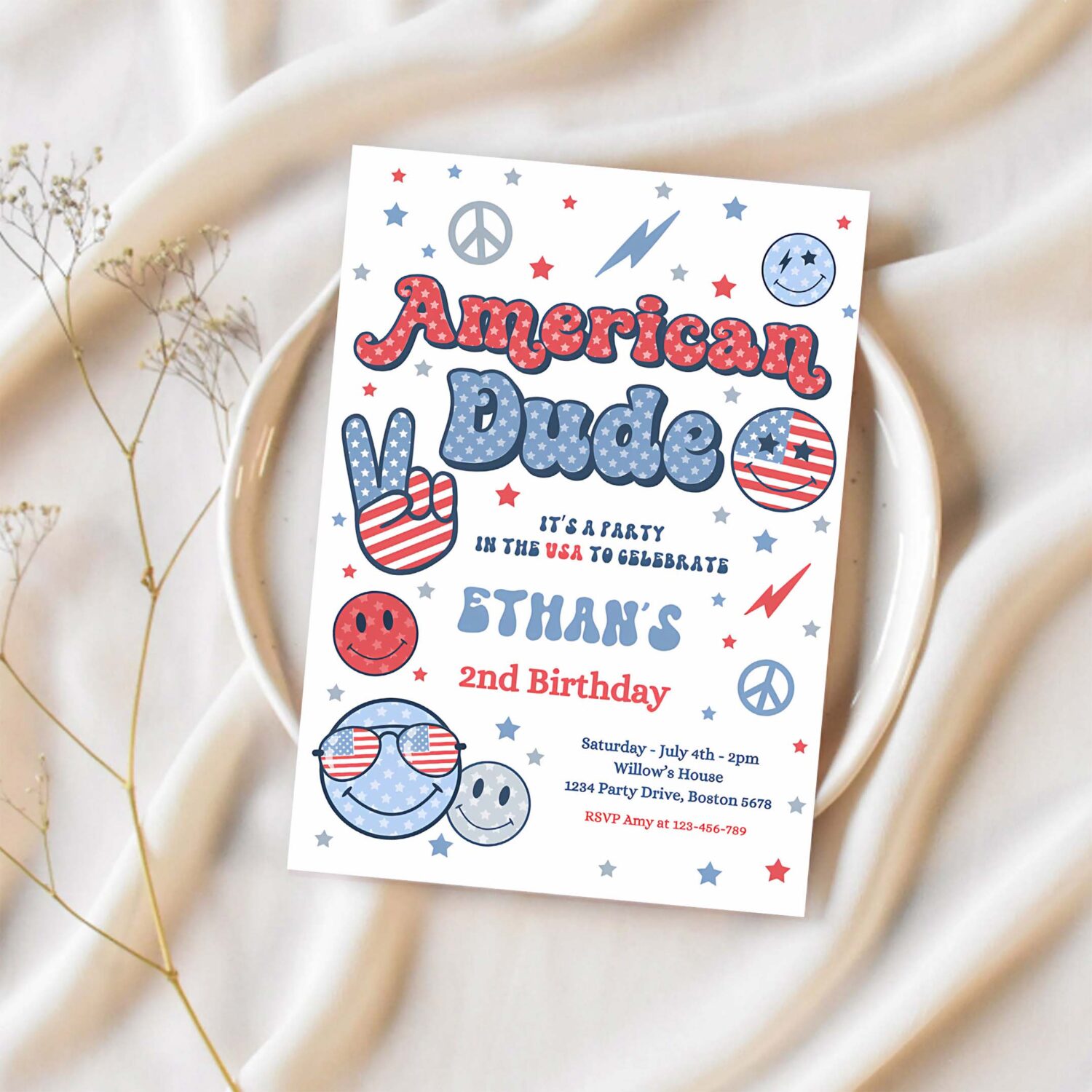 Editable 4th of july birthday party invitation retro american dude birthday party invite america vibes birthday party 1