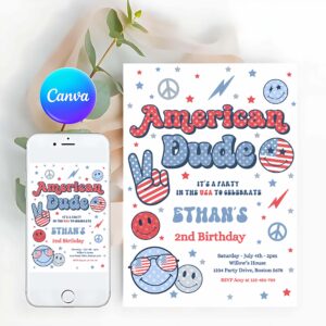 Retro American Dude Birthday Party, Invite, America Vibes Birthday Invitation