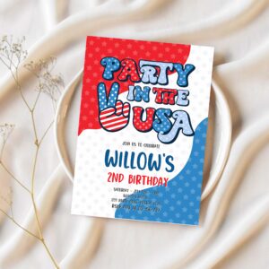 Editable 4th of july birthday party invitation retro groovy party in the usa invite red white and groovy birthday party 1