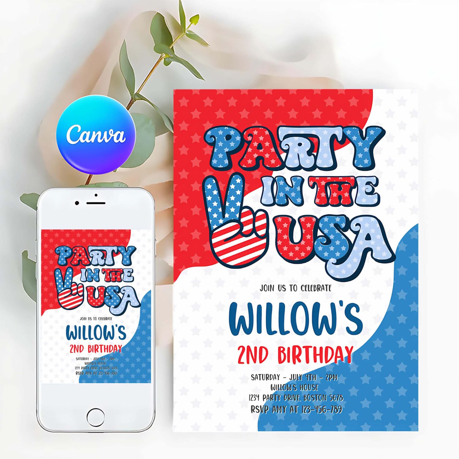 Editable 4th of july birthday party invitation retro groovy party in the usa invite red white and groovy birthday party