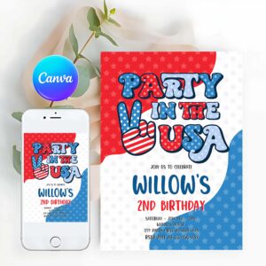 Groovy Invitation, Retro Groovy Party, In The USA Invite, Red White And Groovy Birthday Invitation