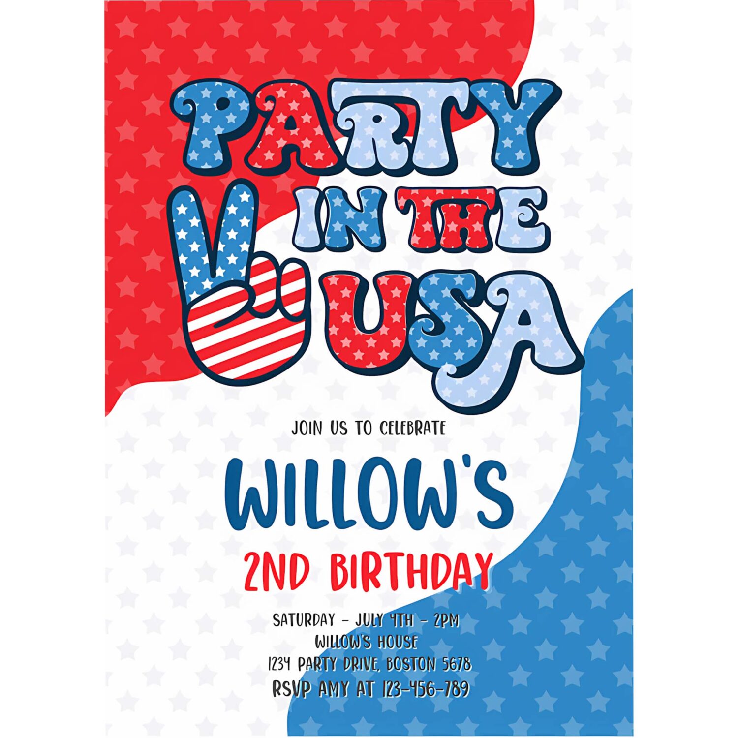 Editable 4th of july birthday party invitation retro groovy party in the usa invite red white and groovy birthday party 4