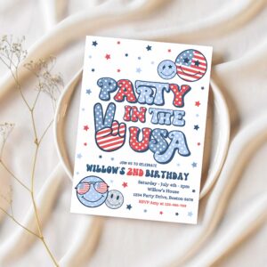 Editable 4th of july birthday party invitation retro groovy party in the usa invite red white groovy birthday party 1