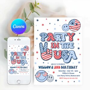 Groovy Invitation, Retro Groovy Party, In The USA Invite, Red White Groovy Birthday Invitation