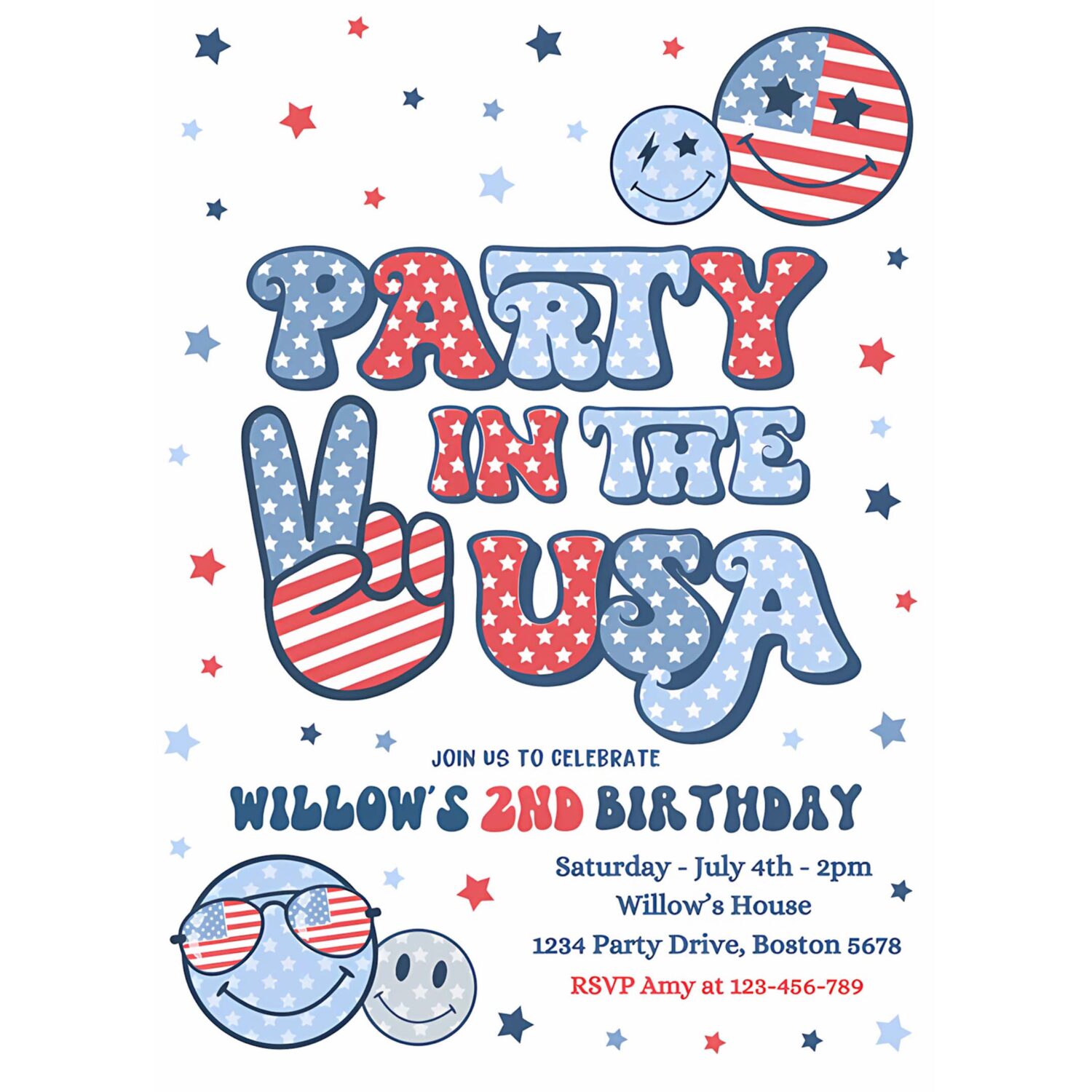 Editable 4th of july birthday party invitation retro groovy party in the usa invite red white groovy birthday party 4