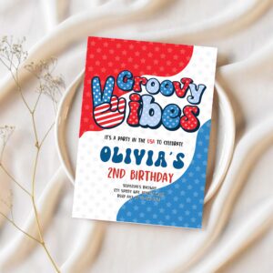 Editable 4th of july birthday party invitation retro groovy vibes birthday party red white and groovy birthday party 1