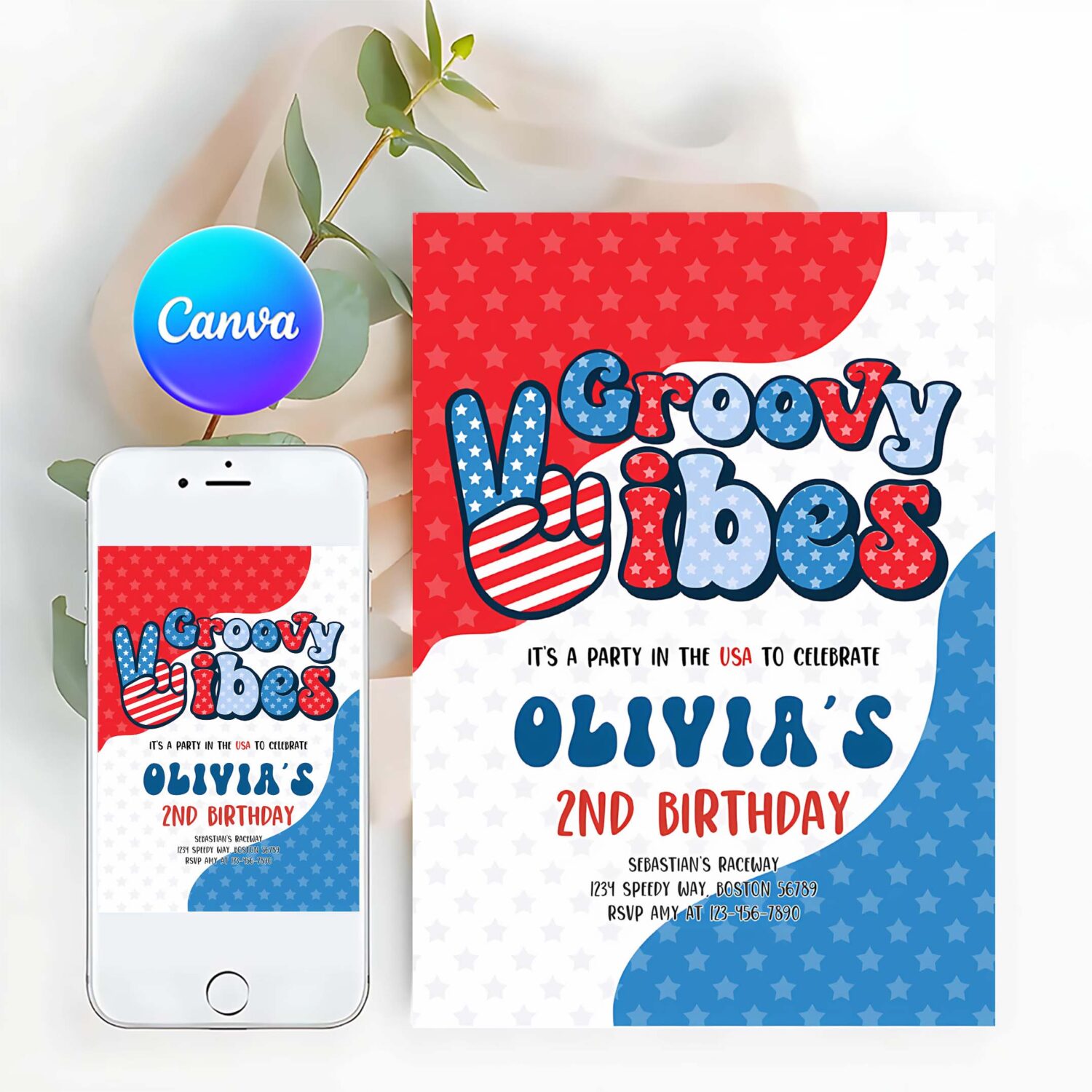 Editable 4th of july birthday party invitation retro groovy vibes birthday party red white and groovy birthday party