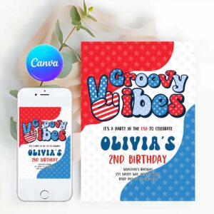 Groovy Invitation, Retro Groovy Vibes Birthday Party, Red White And Groovy Birthday Invitation