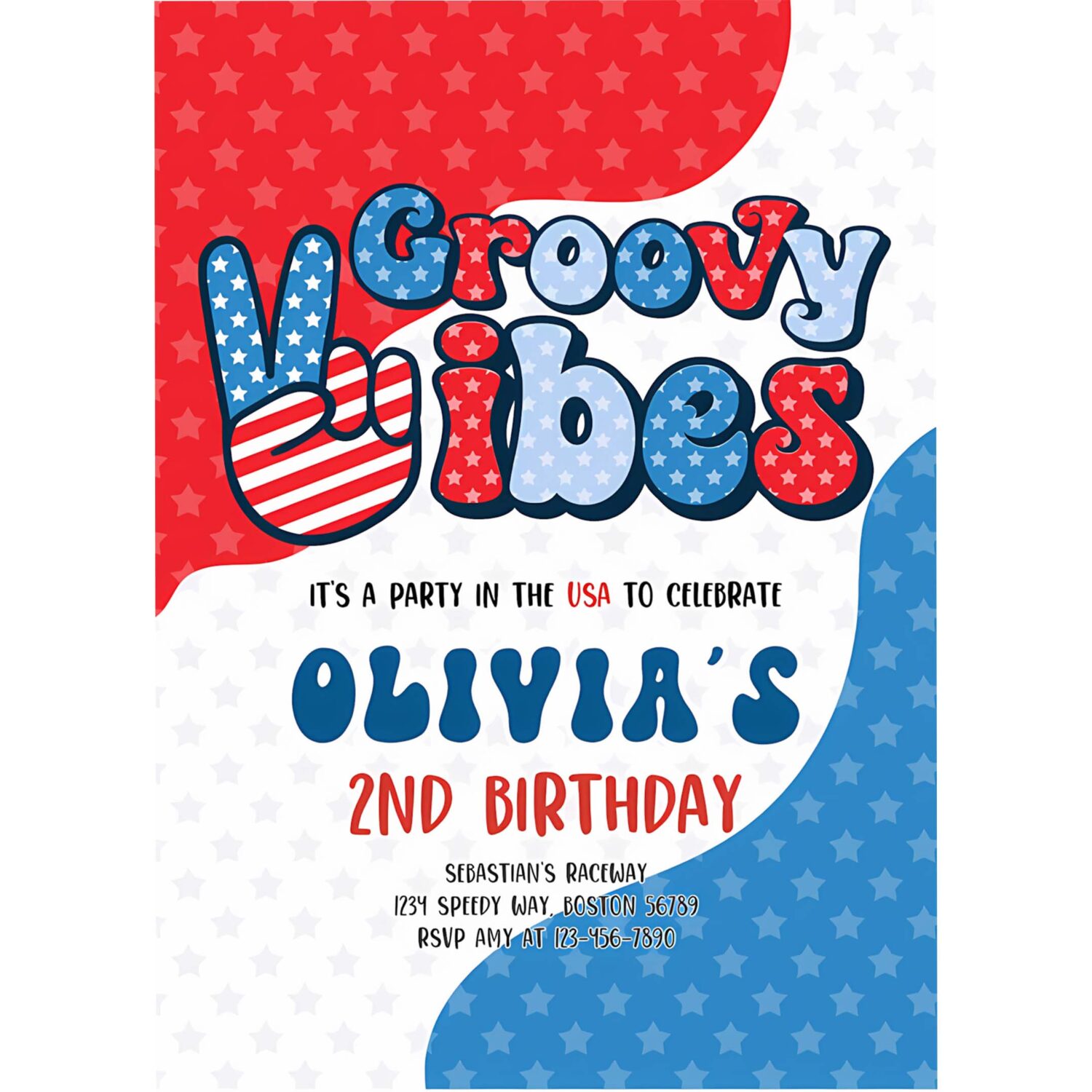 Editable 4th of july birthday party invitation retro groovy vibes birthday party red white and groovy birthday party 4