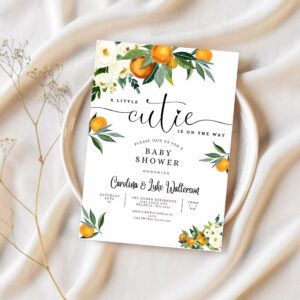 Editable a little cutie is on the way greenery orange gender neutral baby shower invitation invites template 1