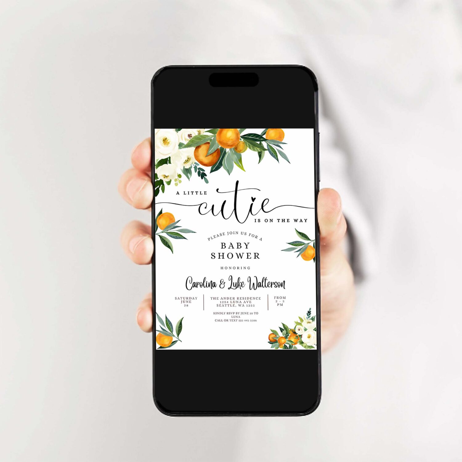 Editable a little cutie is on the way greenery orange gender neutral baby shower invitation invites template 2