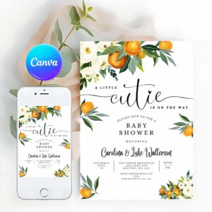 Greenery Invitation, A Little Cutie is on the Way Greenery Orange Gender Invitation