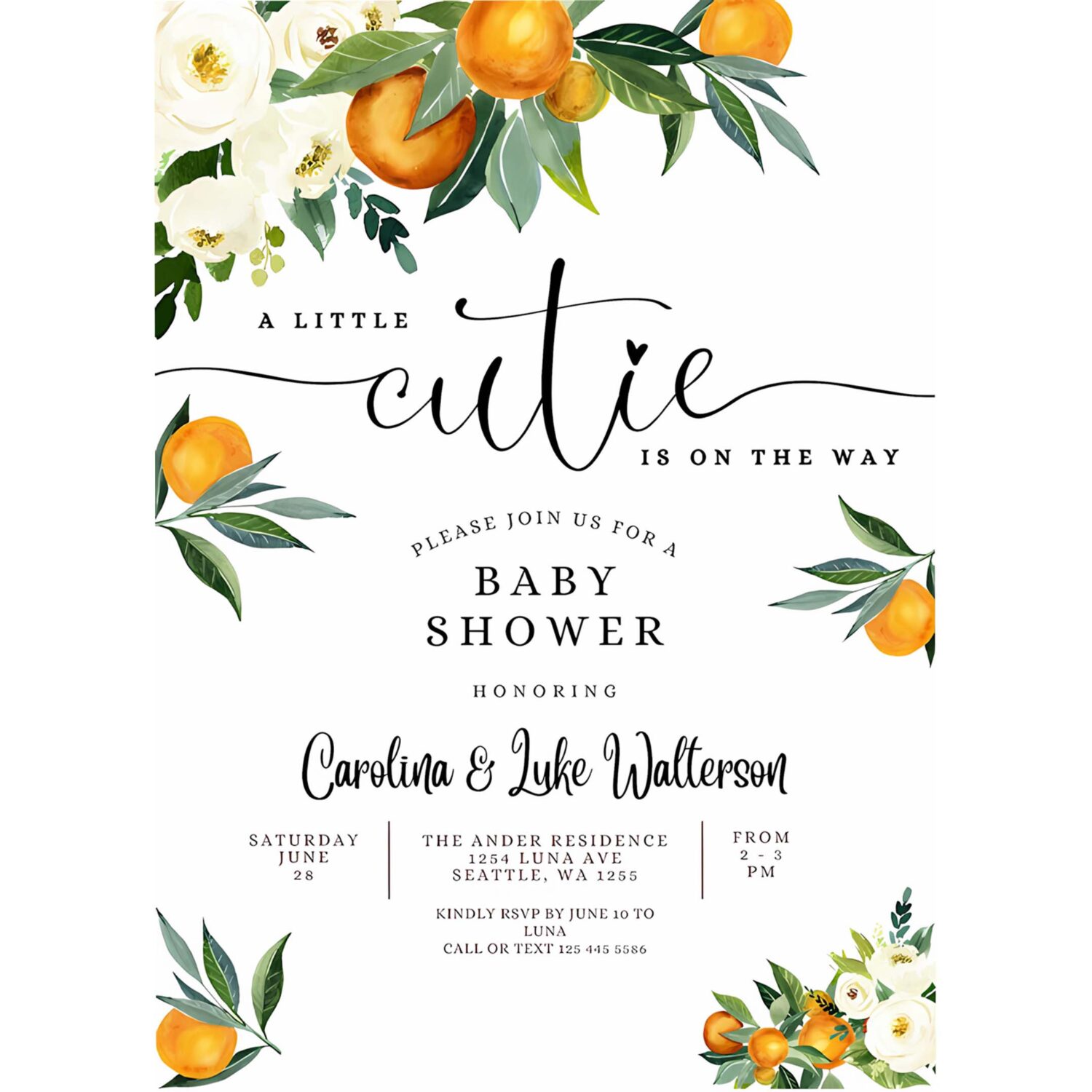 Editable a little cutie is on the way greenery orange gender neutral baby shower invitation invites template 4