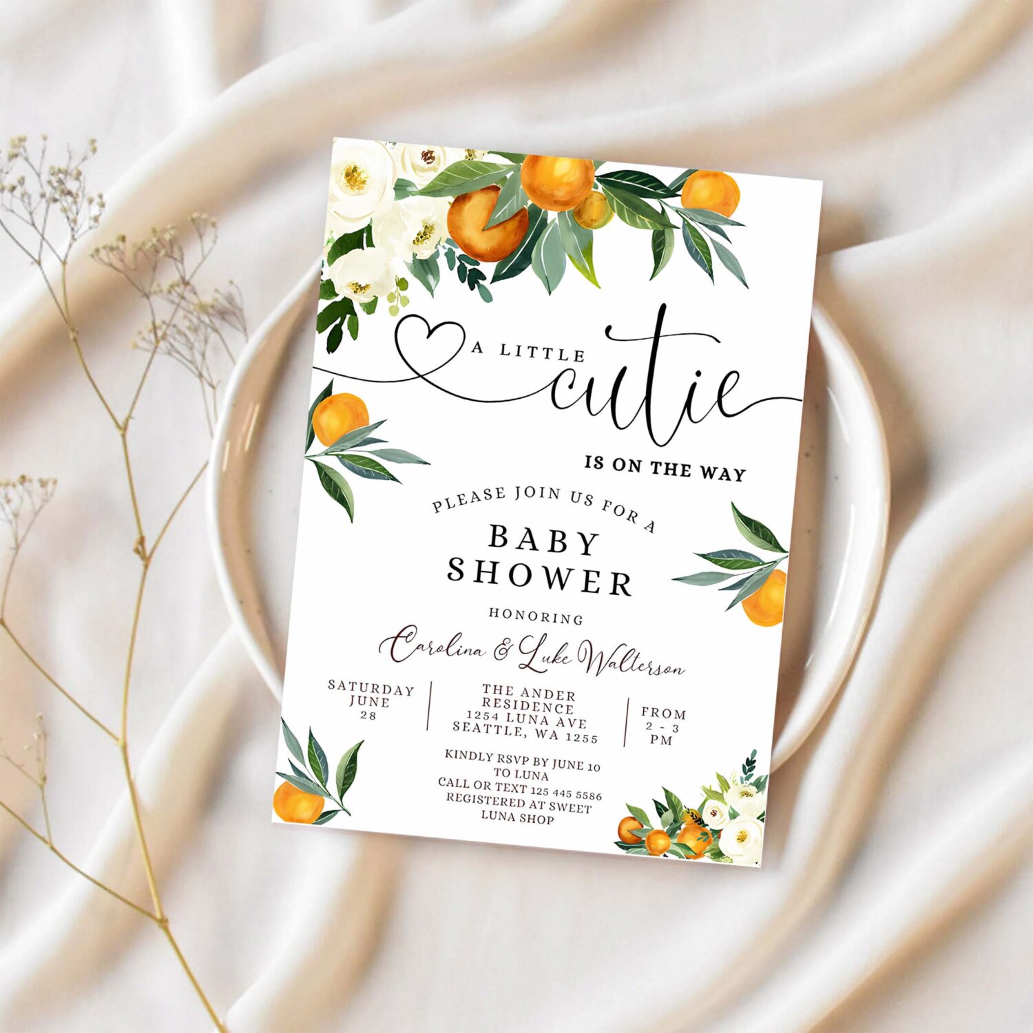 Editable a little cutie is on the way greenery orange gender neutral couples baby shower invitation invites template 1