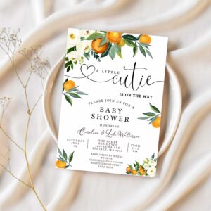 Editable a little cutie is on the way greenery orange gender neutral couples baby shower invitation invites template 1