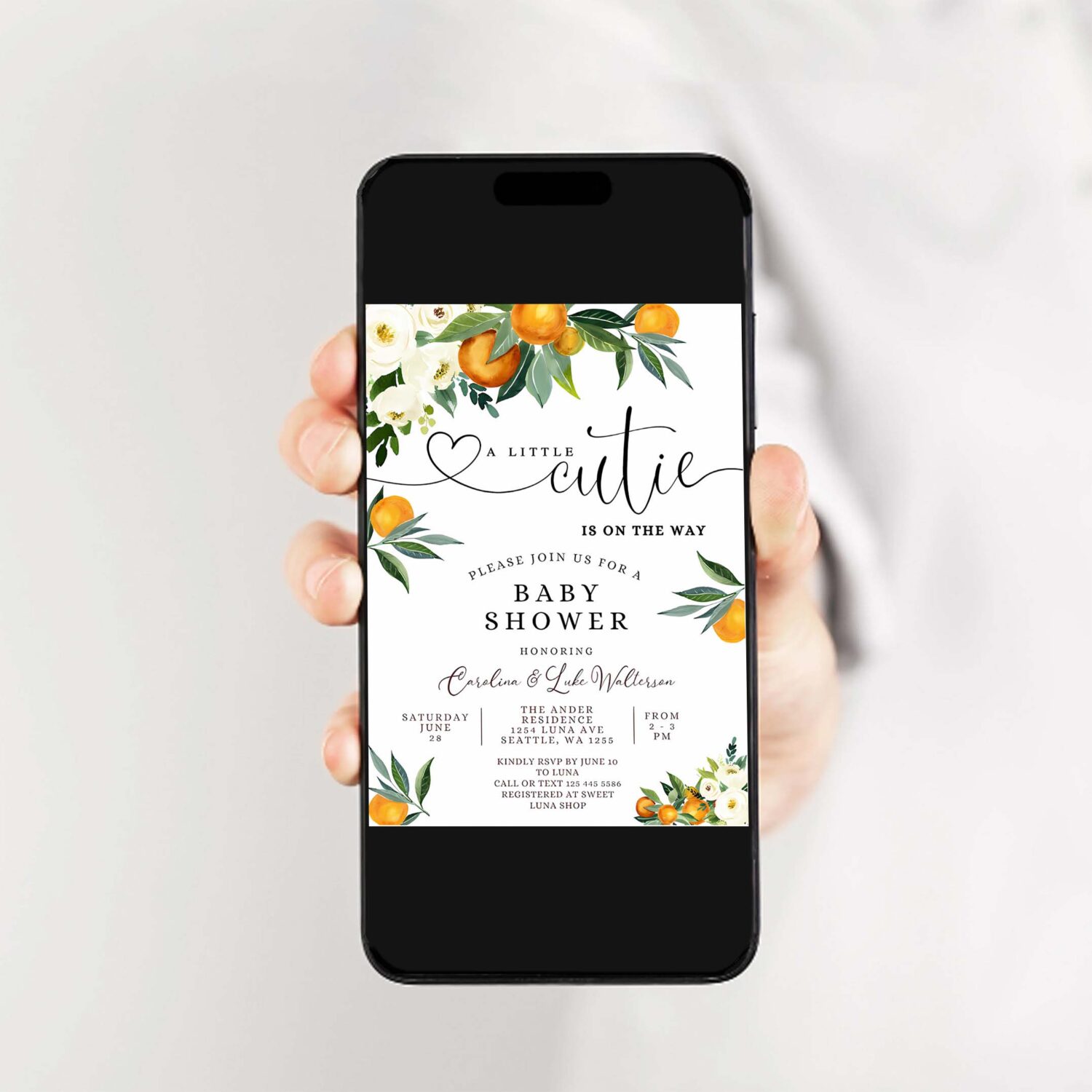 Editable a little cutie is on the way greenery orange gender neutral couples baby shower invitation invites template 2