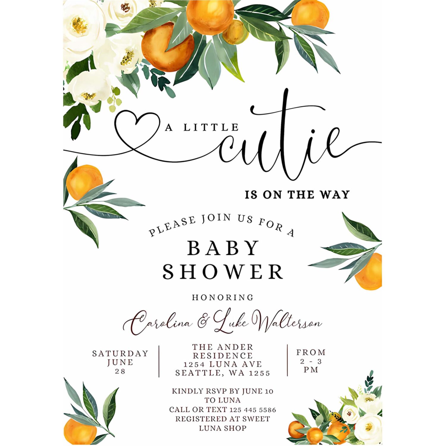 Editable a little cutie is on the way greenery orange gender neutral couples baby shower invitation invites template 4