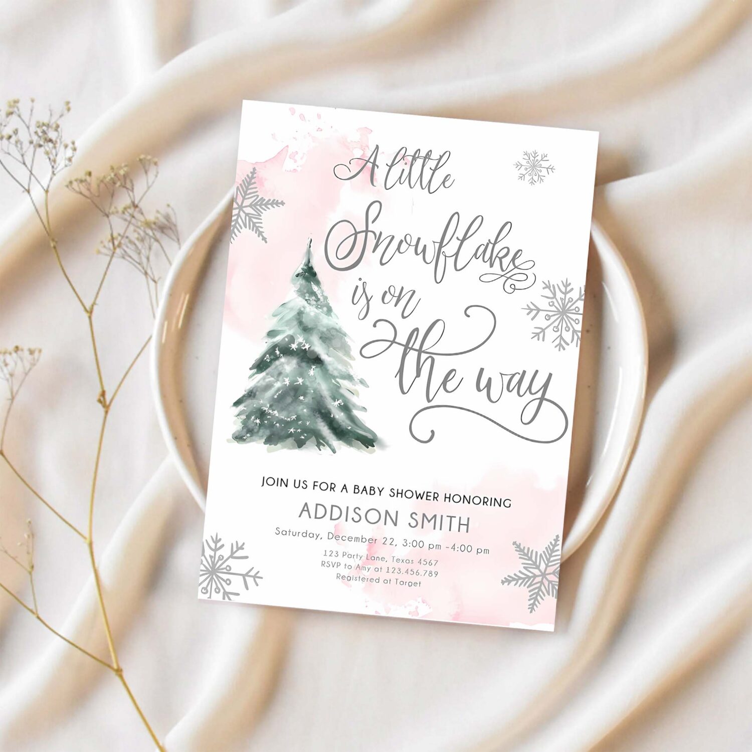 Editable a little snowflake is on the way baby shower invitation winter girl blush pink snow watercolor tree download corjl template 0363 1