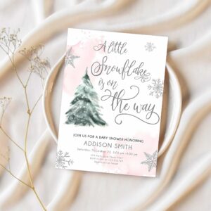 Editable a little snowflake is on the way baby shower invitation winter girl blush pink snow watercolor tree download corjl template 0363 1