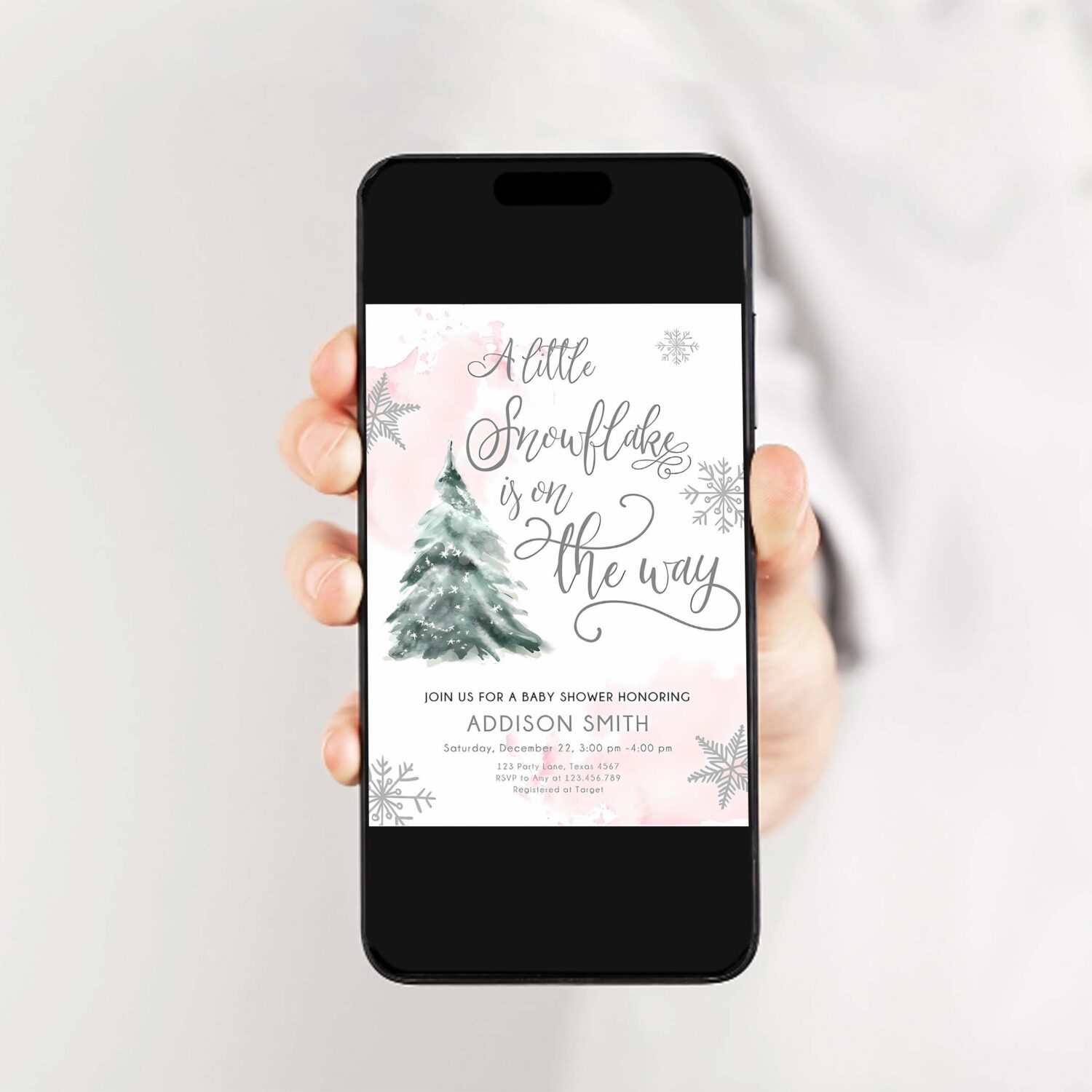 Editable a little snowflake is on the way baby shower invitation winter girl blush pink snow watercolor tree download corjl template 0363 2
