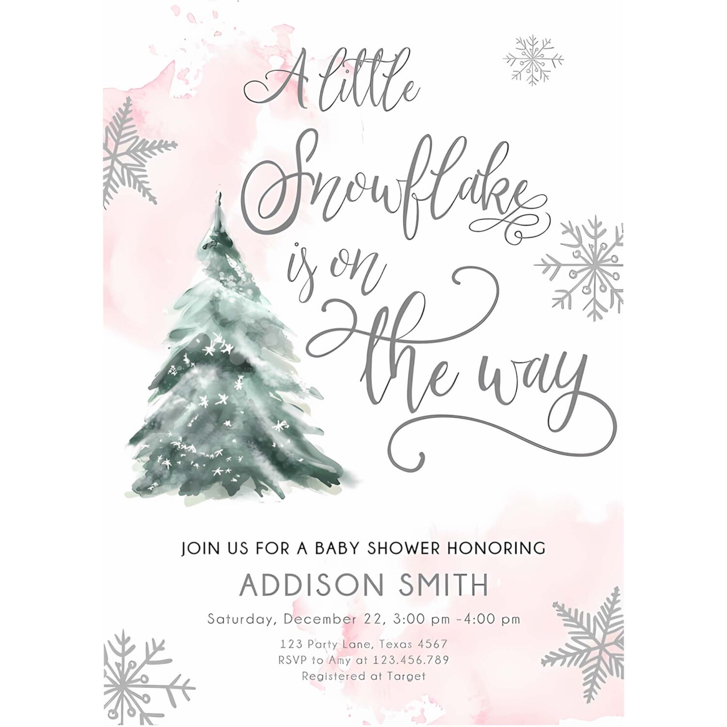 Editable a little snowflake is on the way baby shower invitation winter girl blush pink snow watercolor tree download corjl template 0363 4