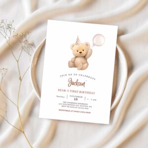 Editable any age brown boy teddy bear birthday invitation balloon beary 1st birthday invite printable template 1