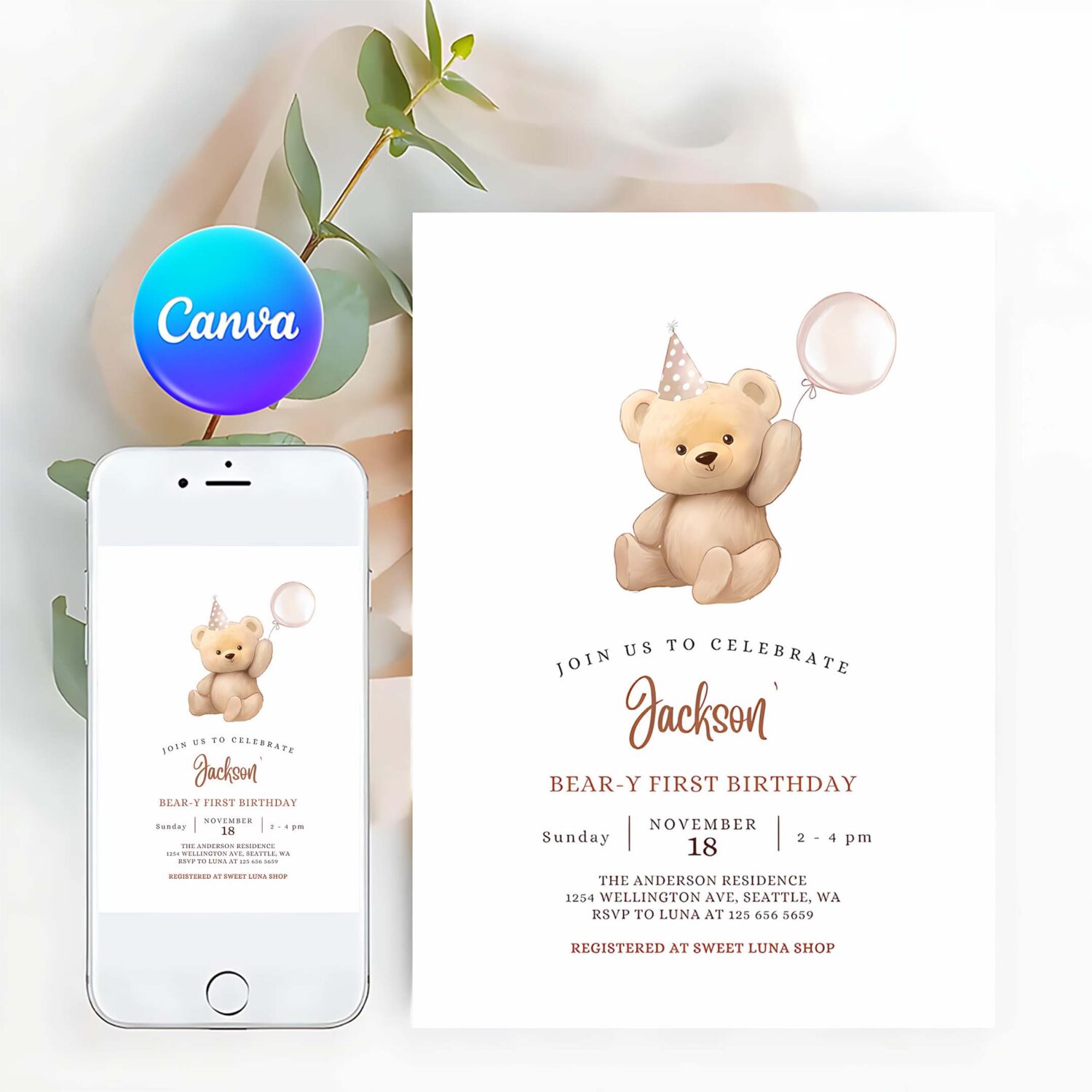 Editable any age brown boy teddy bear birthday invitation balloon beary 1st birthday invite printable template