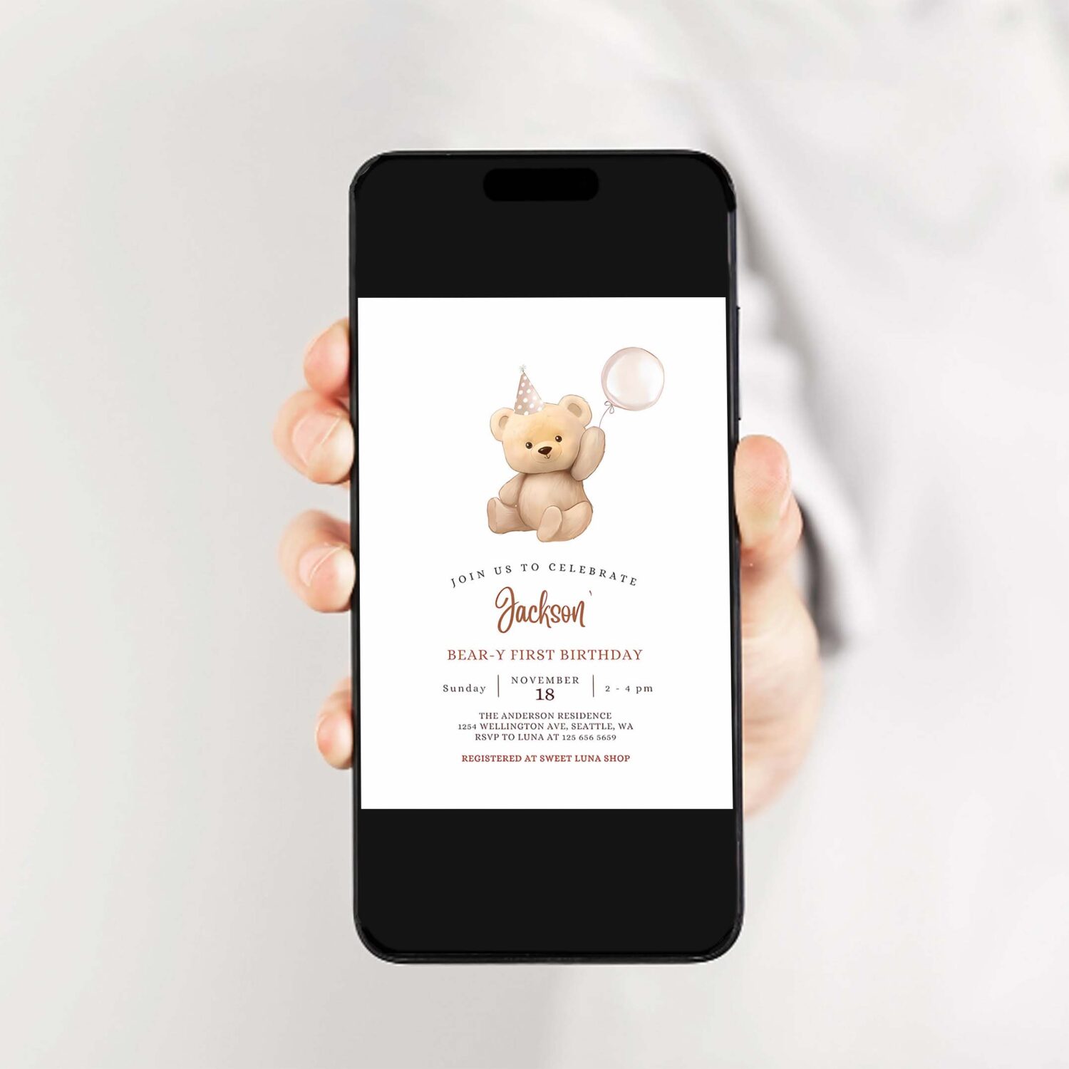 Editable any age brown boy teddy bear birthday invitation balloon beary 1st birthday invite printable template 2
