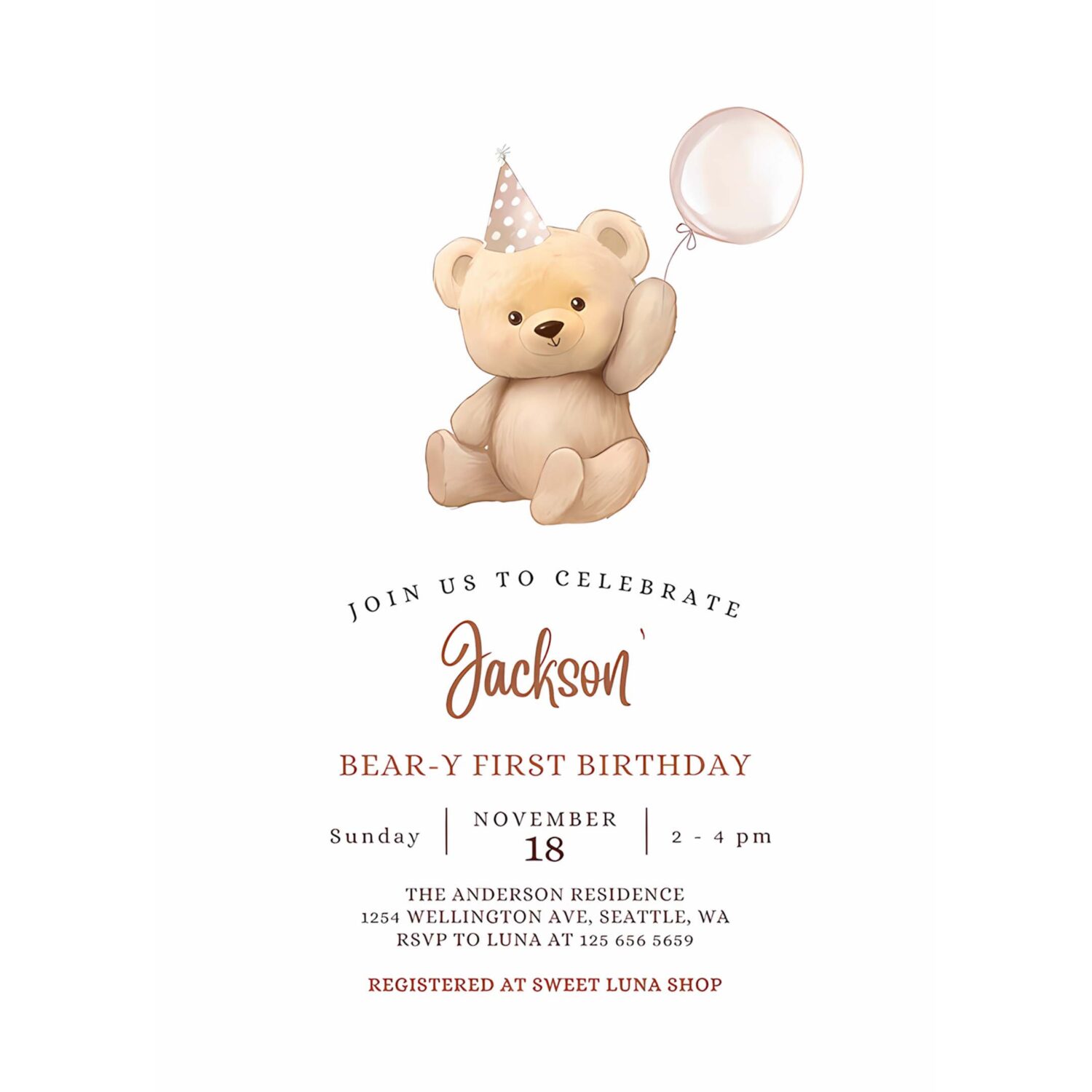 Editable any age brown boy teddy bear birthday invitation balloon beary 1st birthday invite printable template 4