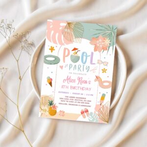 Editable any age girl tropical pool party birthday invitation modern simple chic pool party birthday invite 1