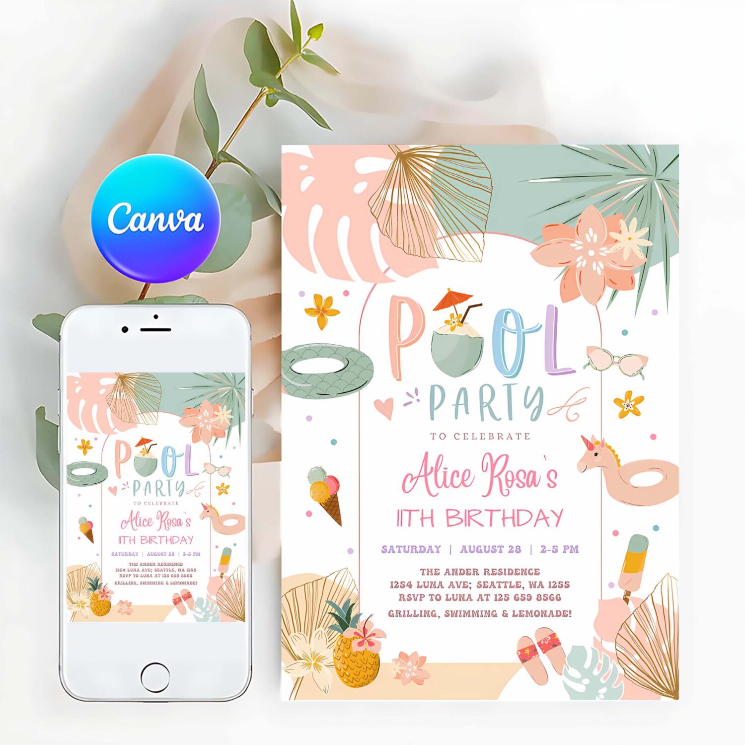 Editable any age girl tropical pool party birthday invitation modern simple chic pool party birthday invite