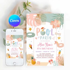 Pool Party Invitation, ANY AGE Girl Tropical Pool Party, Birthday Invitation