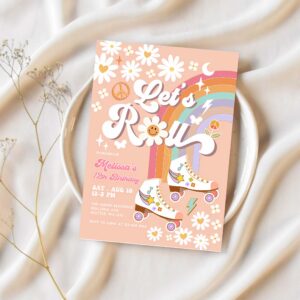 Editable any age lets roll retro groovy roller skate birthday party invitation daisy rainbow birthday invite 1