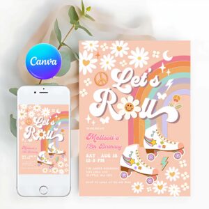 Groovy Invitation, ANY AGE Let's Roll Retro Groovy Roller Skate Birthday Party Invitation