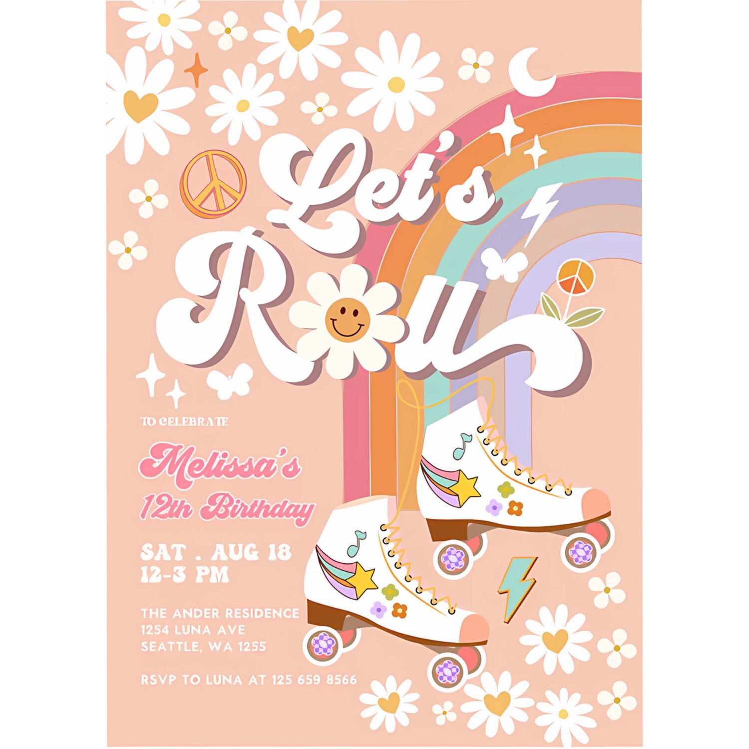 Editable any age lets roll retro groovy roller skate birthday party invitation daisy rainbow birthday invite 4