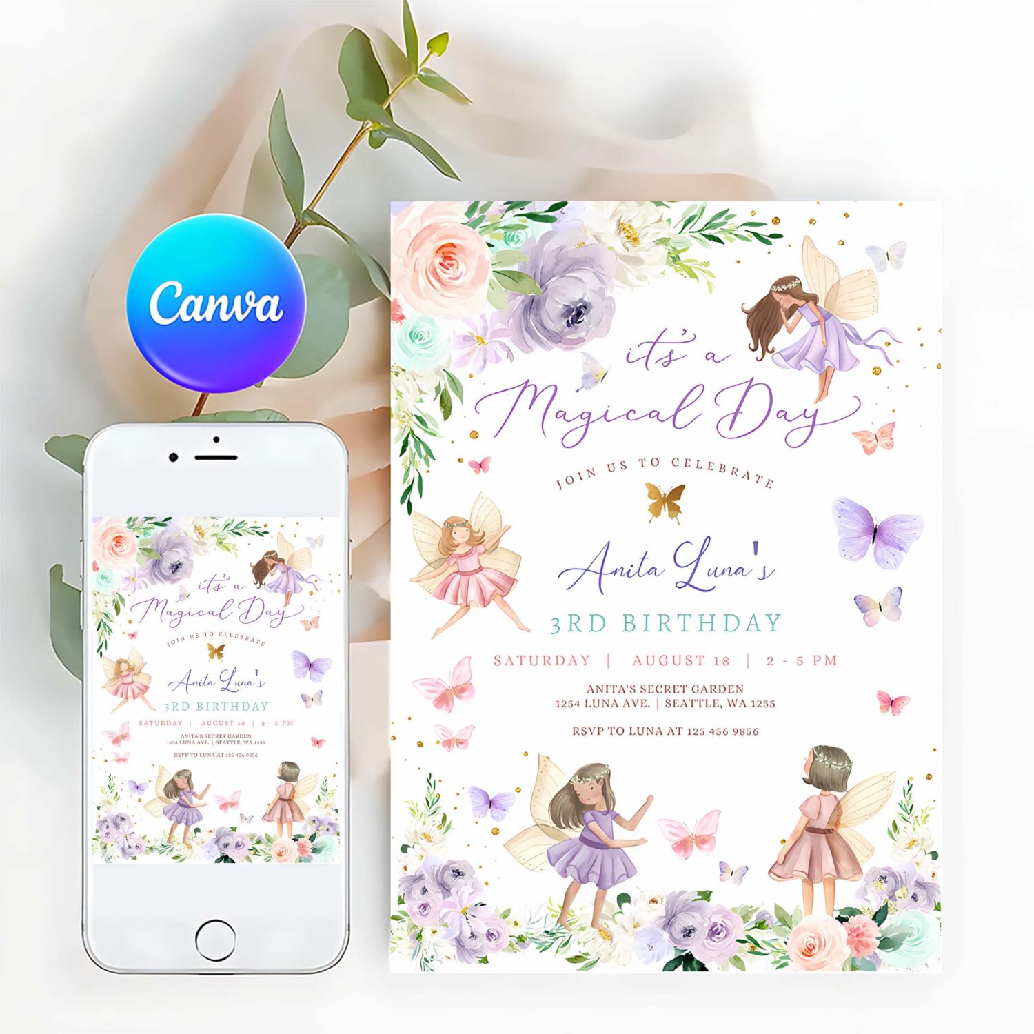 Editable any age purple pink fairy birthday invitation butterfly magical wildflower fairy fairy birthday invite