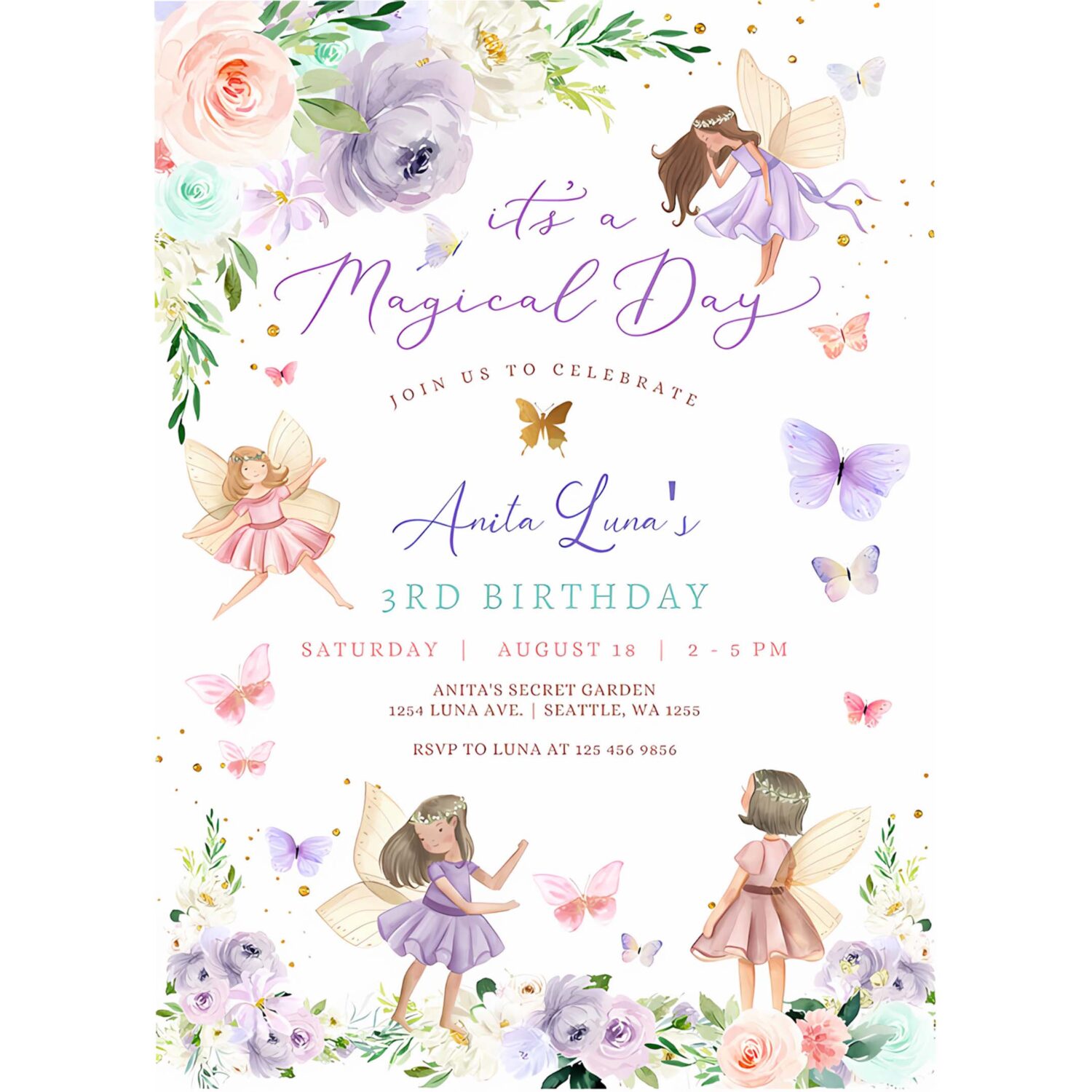 Editable any age purple pink fairy birthday invitation butterfly magical wildflower fairy fairy birthday invite 4
