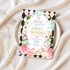 Editable alice in wonderland birthday invitation girl first birthday 1st onederland tea party pink printable template corjl digital 0350 1