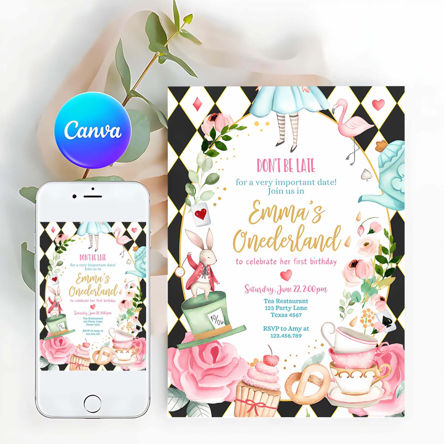 Editable alice in wonderland birthday invitation girl first birthday 1st onederland tea party pink printable template corjl digital 0350