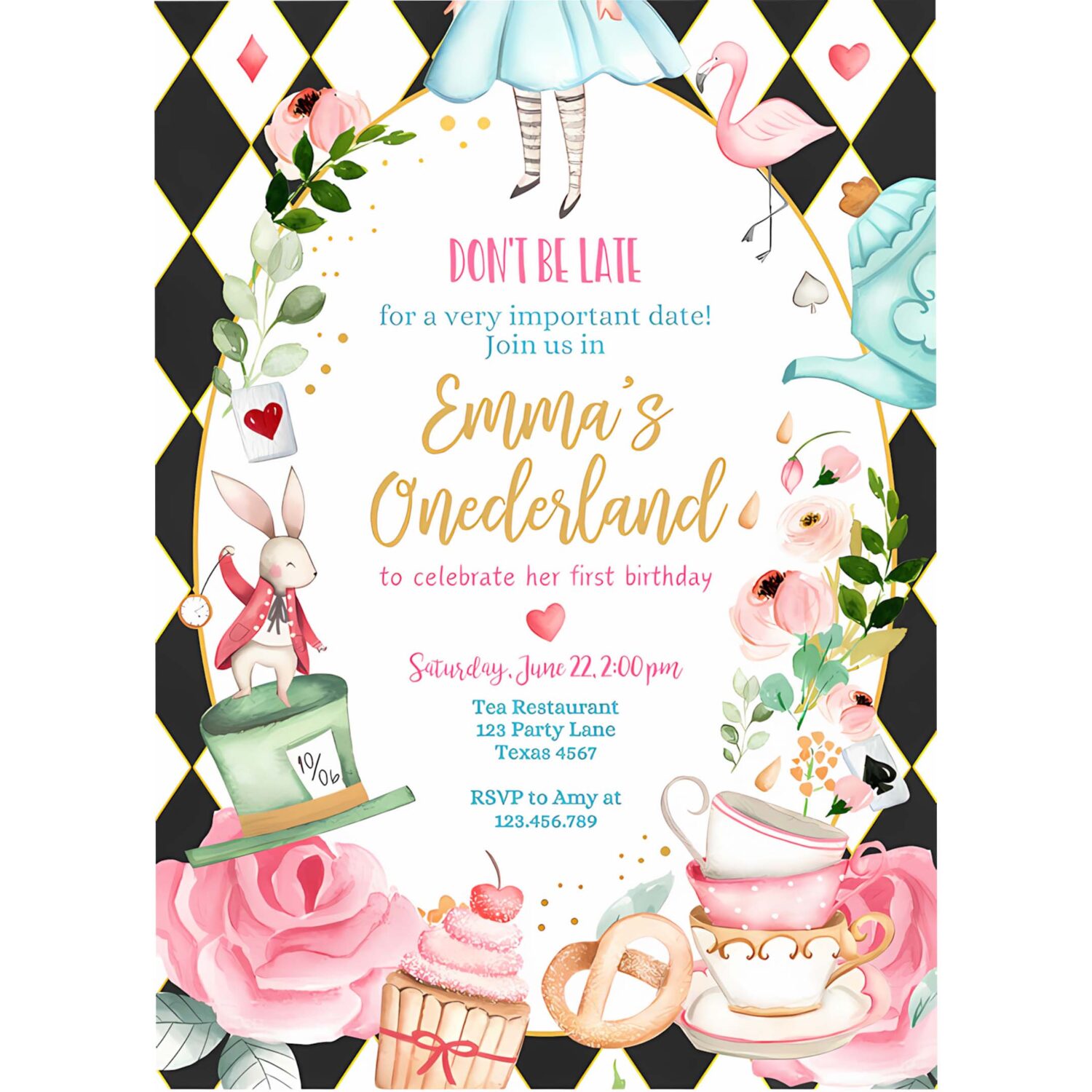 Editable alice in wonderland birthday invitation girl first birthday 1st onederland tea party pink printable template corjl digital 0350 4