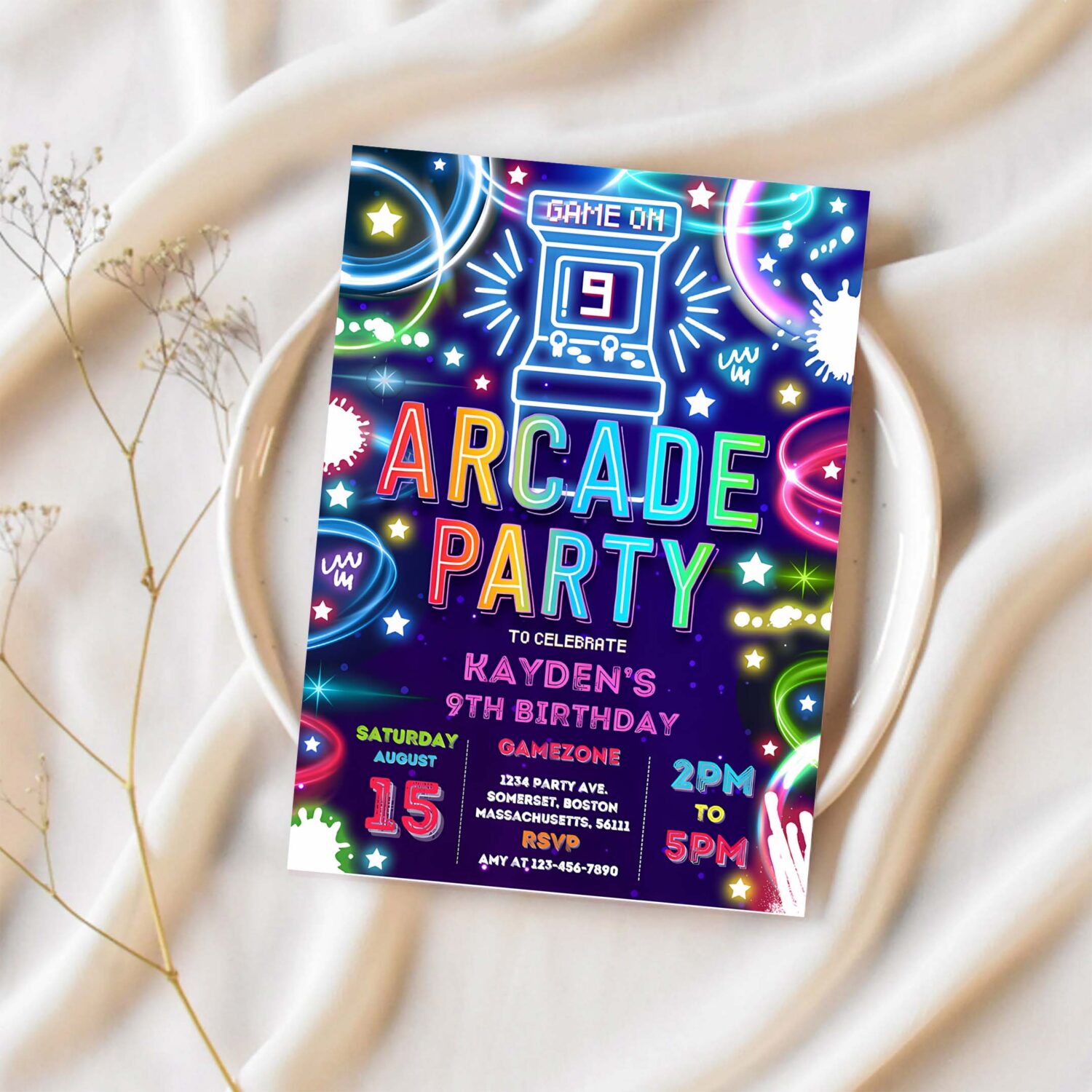 Editable arcade party birthday invitation boy neon glow retro video gaming arcade birthday party neon glow gaming party 1