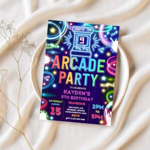 Editable arcade party birthday invitation boy neon glow retro video gaming arcade birthday party neon glow gaming party 1
