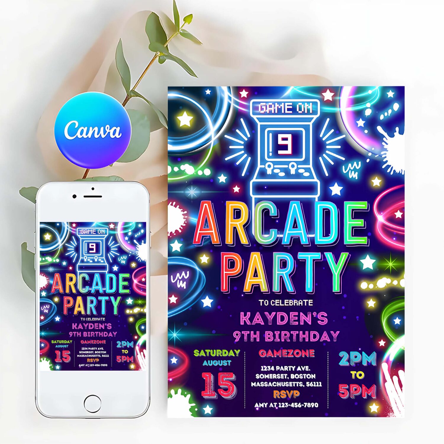 Editable arcade party birthday invitation boy neon glow retro video gaming arcade birthday party neon glow gaming party