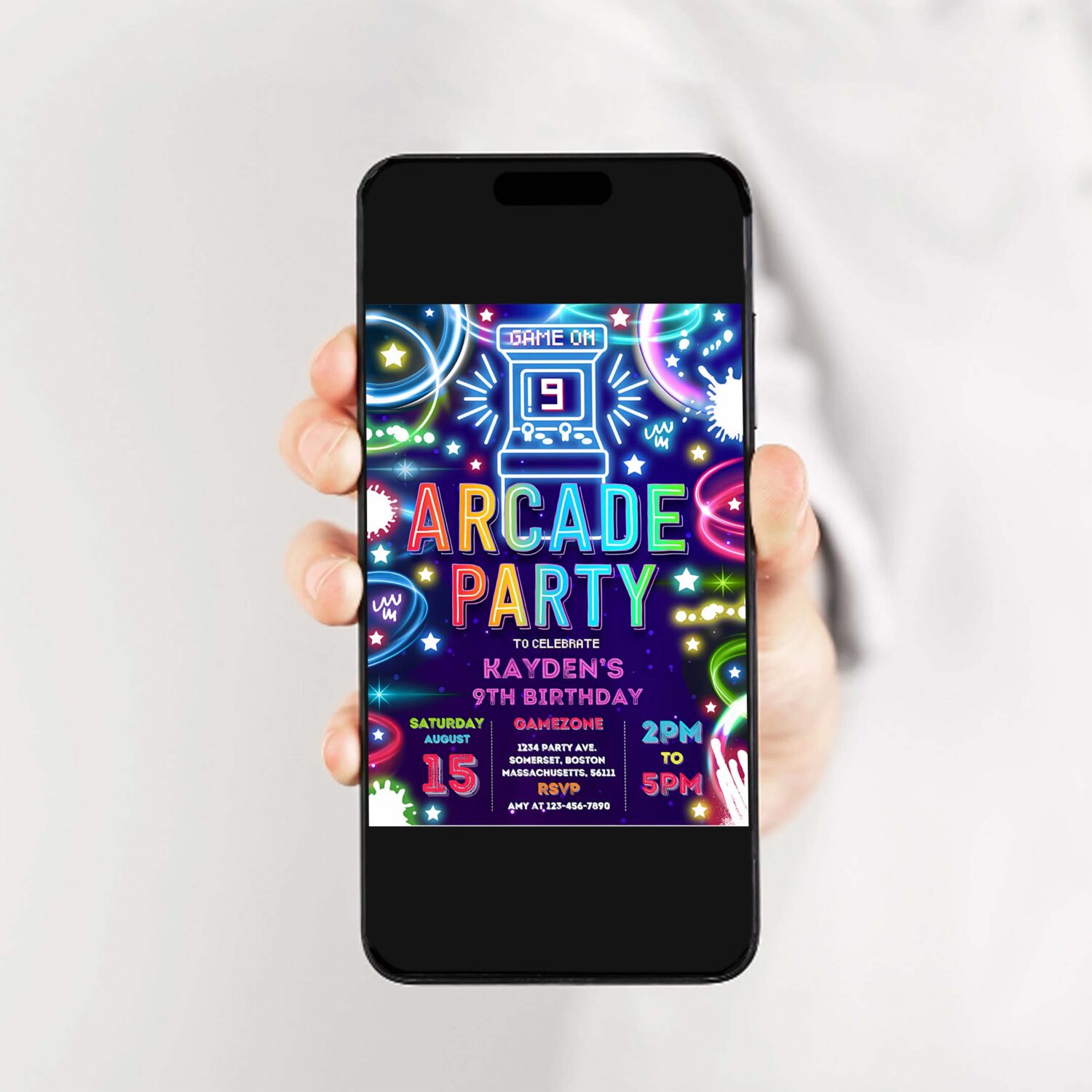 Editable arcade party birthday invitation boy neon glow retro video gaming arcade birthday party neon glow gaming party 2