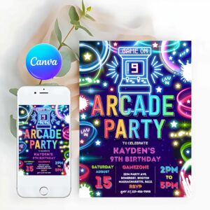 Neon Invitation, Arcade Party, Birthday Invitation