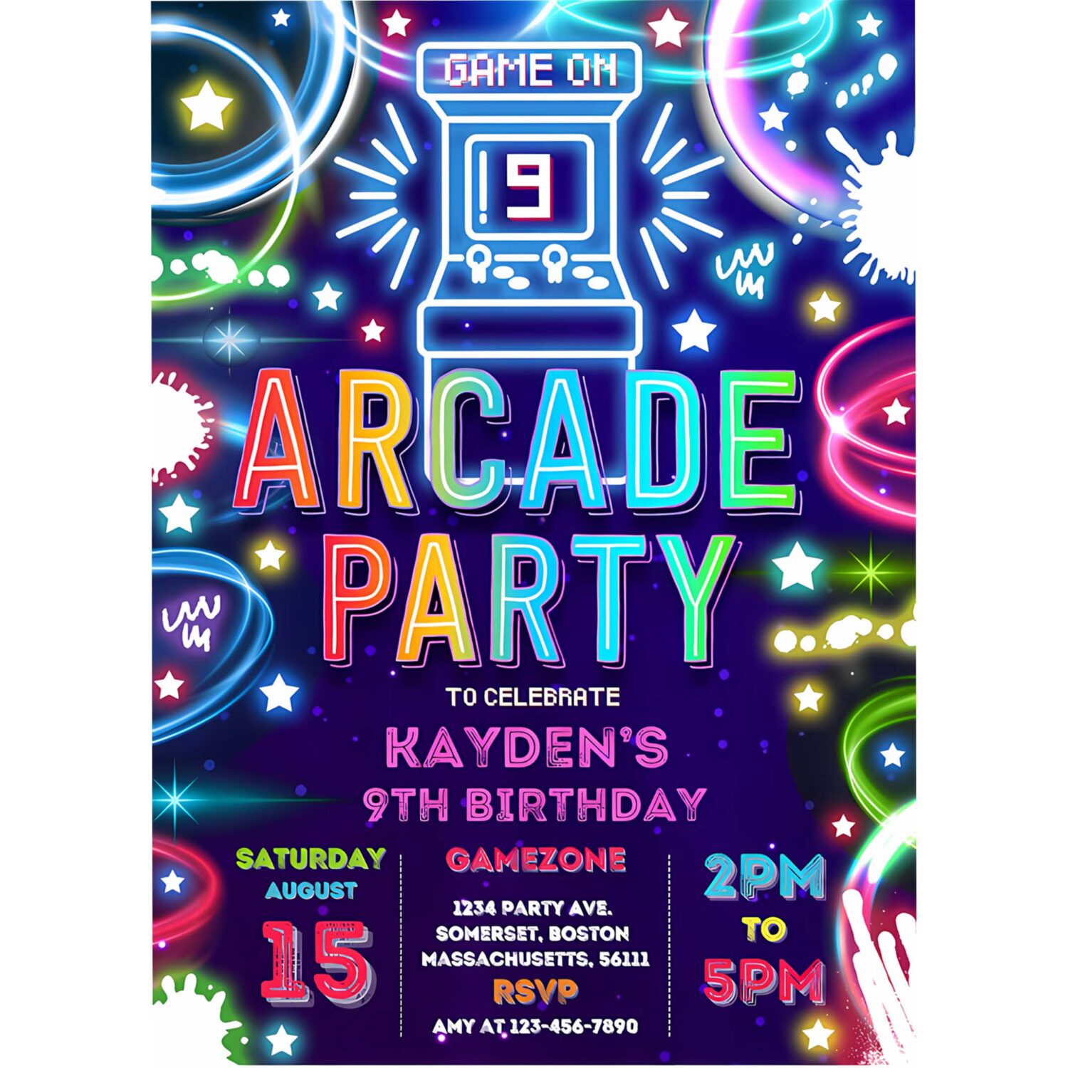 Editable arcade party birthday invitation boy neon glow retro video gaming arcade birthday party neon glow gaming party 4