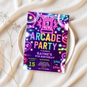 Editable arcade party birthday invitation neon glow retro video gaming arcade birthday party neon glow gaming party 1