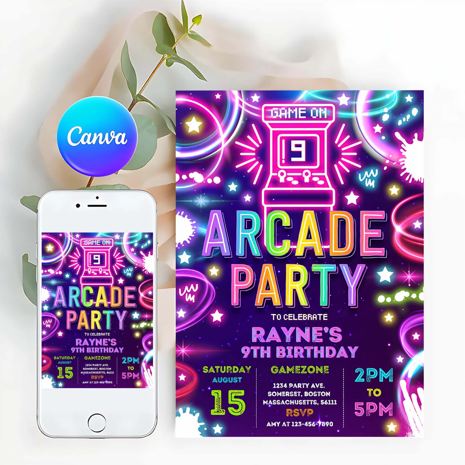 Editable arcade party birthday invitation neon glow retro video gaming arcade birthday party neon glow gaming party